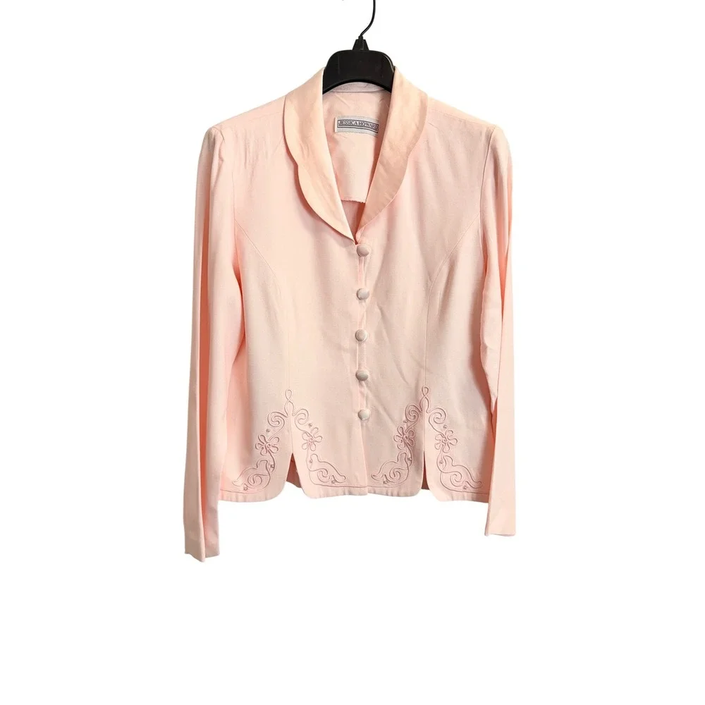 Jessica Howard Pink Skirt Suit Set 14 Embroidered Beaded Blazer Pleated Midi